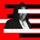 A black-and-white photo of Whoopi Goldberg on a red background, with black-and-white alternating lines covering parts of her face and body