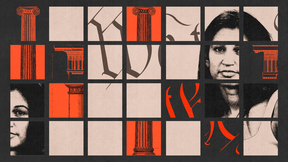 Collage with photograph of Katie Miller, Greek pillars, and the U.S. Constitution’s preamble, separated into beige, orange, and black boxes arranged in a grid