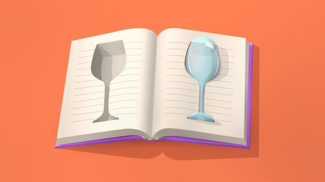 an open book with a wine glass carved into it against an orange background