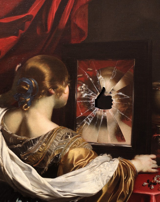 illustration with 17th-century painting of woman looking in mirror that is shattered around the thumbs-up "like" symbol