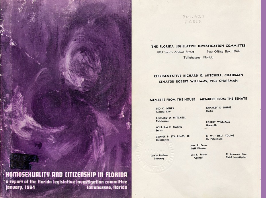 The purple swirling cover of the Johns Committee report next to a page listing Johns Committee members