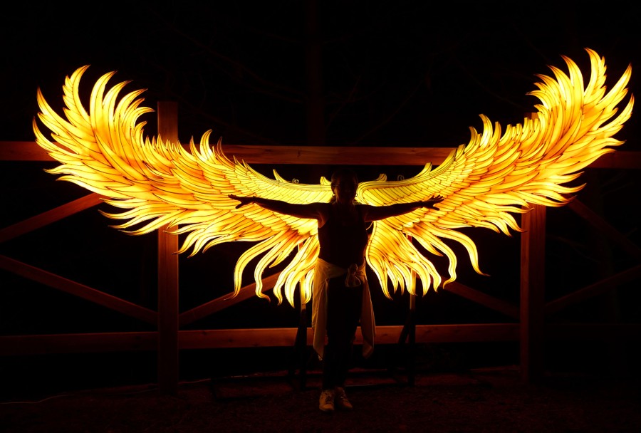 A person stands with their arms spread out in front of an illuminated artwork depicting large wings.