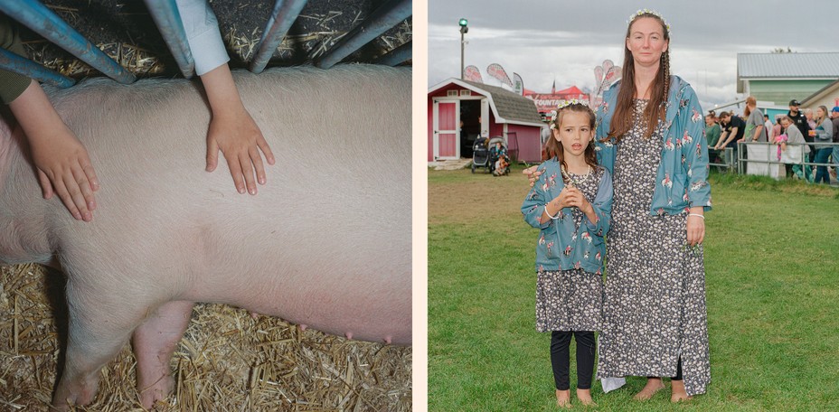 Diptych: a pigs back with hands on it; a mother and child wearing matching floral dresses and denim jackets