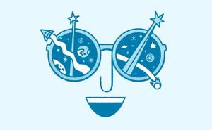 Illustration of face with open smile and sunglasses with rockets and stars shooting out of them