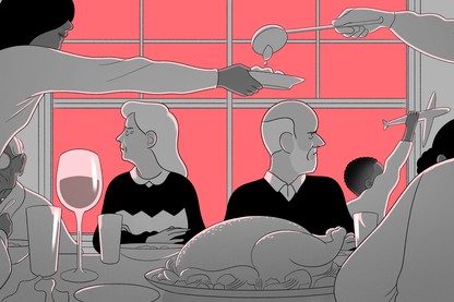 A family holiday dinner with older parents facing away from each other