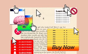 illustration of a page of book text covered with pixellated arrows and pop-up windows saying "subscribe," "learn more," "buy now"