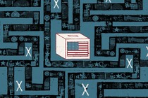 A drawing of a ballot box with an American flag on it sits at the center of a maze.