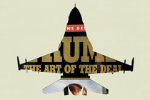 An illustration of a plane-shaped cutout of The Art of the Deal book cover over a neutral green-beige background