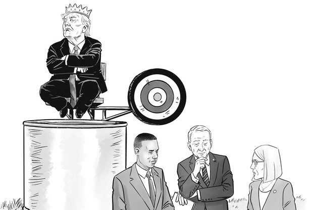 black-and-white political-cartoon-style illustration with 3 suit-wearing politicians in foreground talking around baseball lying on ground; behind them Trump sits wearing a crown atop a carnival dunk tank with a huge target on it waiting for the ball