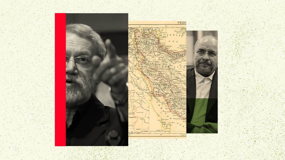 A collage shows Ali Larijani and Mohammad Baqer Qalibaf on either side of a map of Iran.