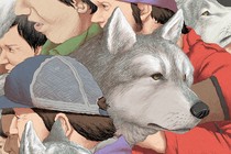 An illustration showing wolves and humans together