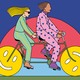 Two people ride a tandem bicycle, the wheels of which are smiley faces.