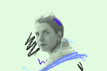 A black-and-white-image of the author Sara Freeman against a mint green background. Black and blue scribbles frame her face.