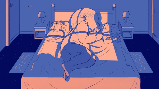 illustration of a large baby sleeping between two parents in a bed