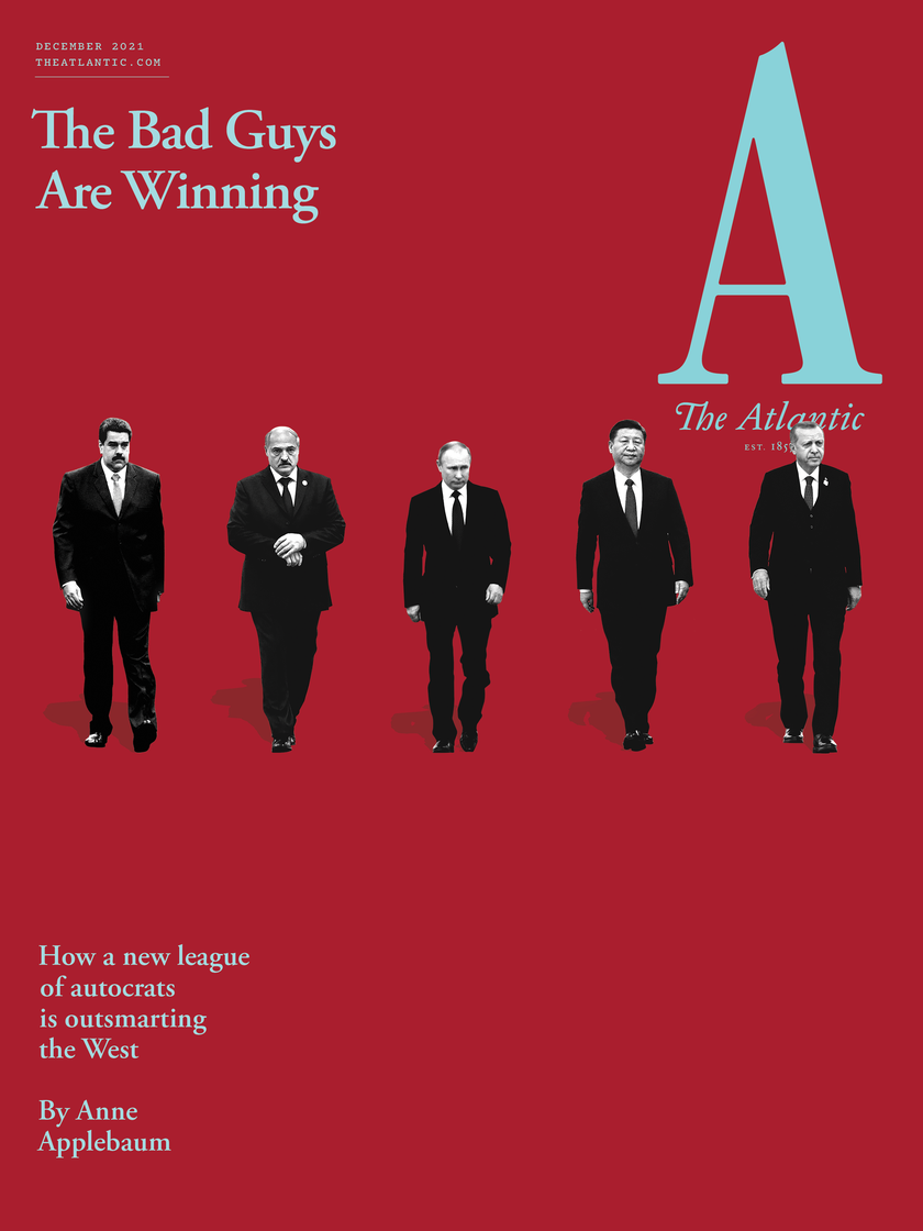 December 2021 cover: 5 dictators walking on red background