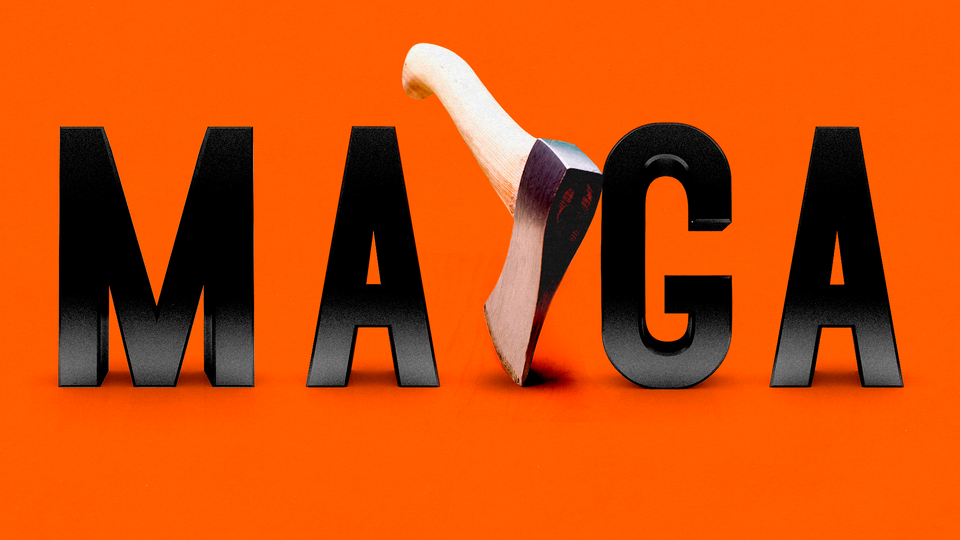 Illustration of a hatchet cutting through the word MAGA against an orange background