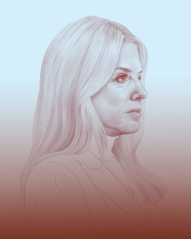 an illustration of Pam Bondi set against a red-and-blue background