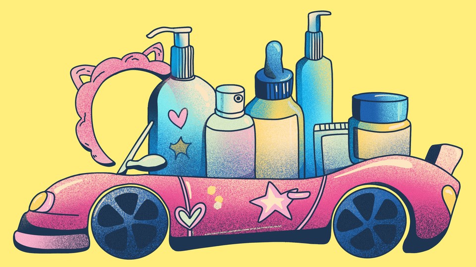 A toy car full of skin-care products