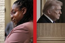 Panels of the Constitution, LaMonica McIver, a red line, Trump, and the bottom of a column