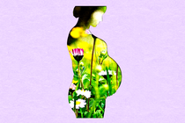 a silhouette of a pregnant person with art of a flowery field superimposed