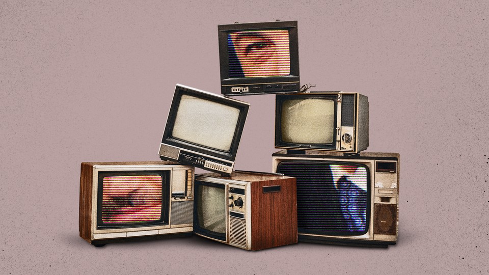 Illustration of six old fashioned television sets standing in a loose pyramid on top of one another, some screens blank and some zoomed in on parts of Kimmel's face