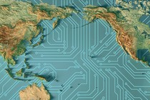 A map centered on the Pacific ocean with circuitry instead of water