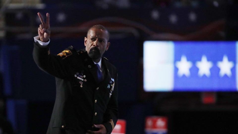 Sheriff David Clarke gives a peace sign at the 2016 Republican National Convention.