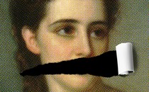 A portrait of a woman with her mouth missing.