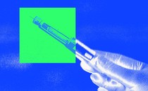 A hand holds a GLP-1 pen in bright-blue high contrast; a neon-green square overlays the end of the pen.