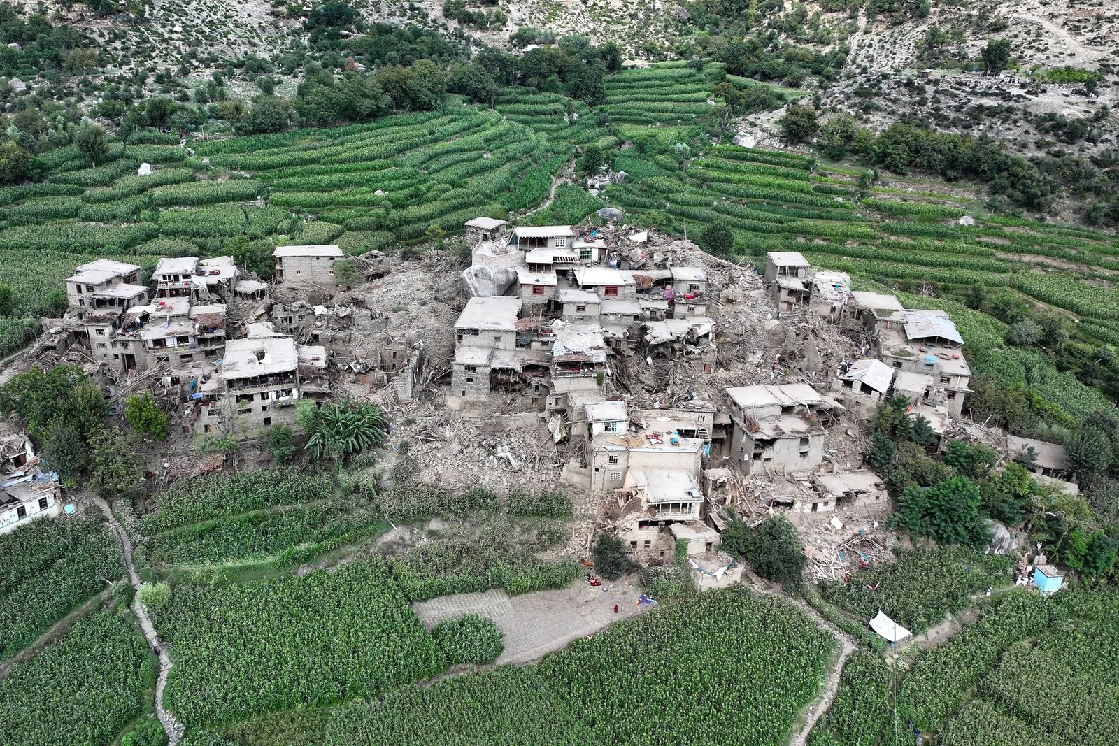 A heavily quake-damaged Afghan village, seen from the air