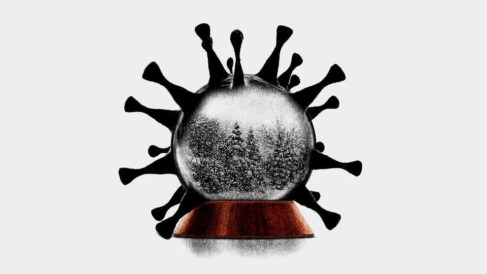 Illustration of a snow globe shaped like a coroanvirus