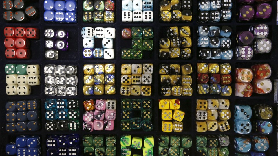 Multicolor dice arranged in squares