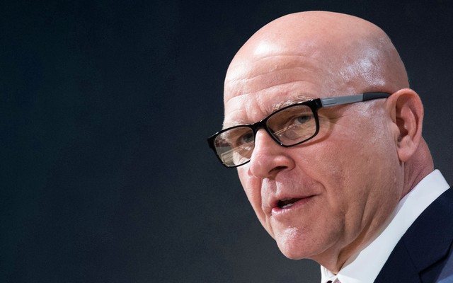 The head of former National Security Adviser H. R. McMaster appears on the right side of the image; he's wearing a suit, and a dark background is behind him.