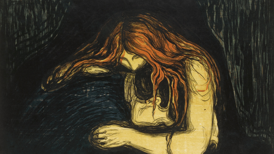 A woman with red hair leans over a man in an embrace that also implies she's sucking his blood.