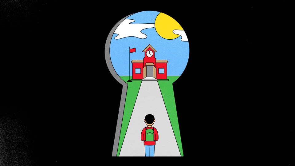 Illustration of a keyhole showing a kid walking down a path to school.
