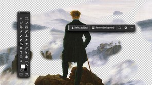 The painting "Wanderer above the Sea of Fog" surrounded by Adobe Photoshop tools