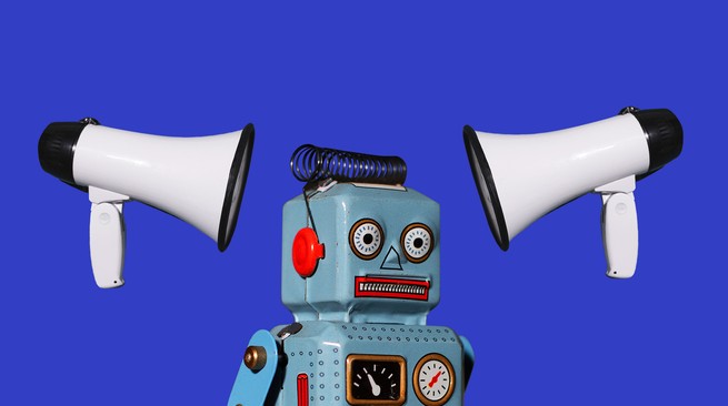 Illustration of a robot with megaphones pointed at it