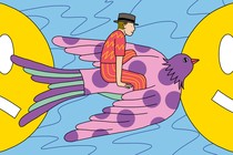 An illustration of a man in a striped outfit and fedora riding a polka-dot bird across an ocean, away from a frowny face and toward a smiley face