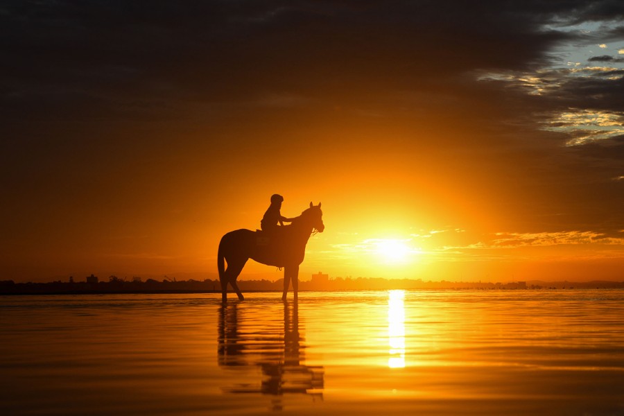 A person rides a horse at sunrise in shallow water.