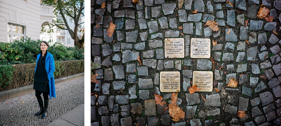 2 photos: woman in black dress and blue coat standing on cobblestone street; looking down on 4 brass memorial stones placed in cobblestone street with fall leaves