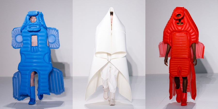 A composite image of three models walking the runway, each wearing elaborate head-to-toe outfits.