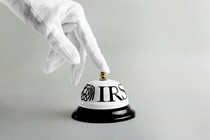 A hand in a white glove rings a bell labeled "IRS"