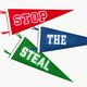 Red, blue, and green college pennants with one of the words in the phrase "Stop the Steal" on each of them