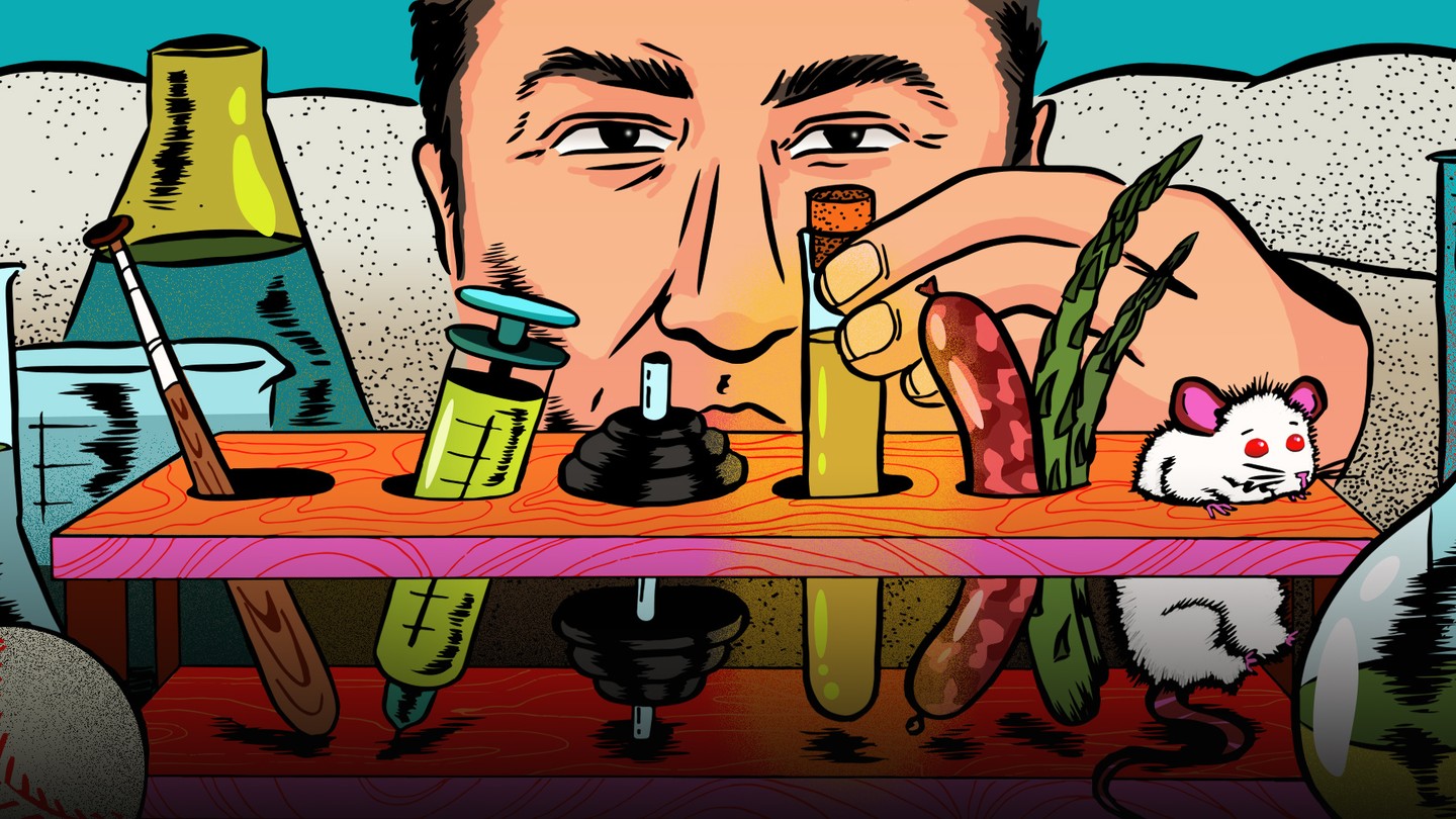 An illustration of a scientist looking at a test tube rack filled with miscellaneous items.