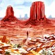 Watercolor-like illustration of a painted western landscape with buttes and a small figure standing in foreground.