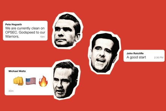 photo of Pete Hegseth's head next to his text 'We are currently clean on OPSEC. Godspeed to our Warriors.' Photo of John Ratclilffe's head and his text: 'A good start.' Photo of Michael Waltz's head with text of fist, U.S. flag, and fire emoji.