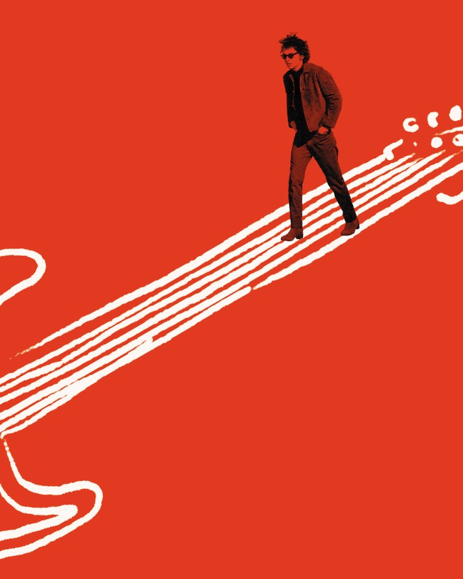 Illustration with black image of Bob Dylan in sunglasses striding down the strings of a white sketch of a guitar on red background