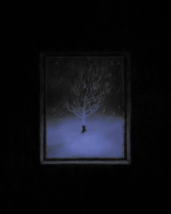 Rectangular image of snowy field at night with black tree trunk, with the ghostly image of a tree rising above it, on a black background