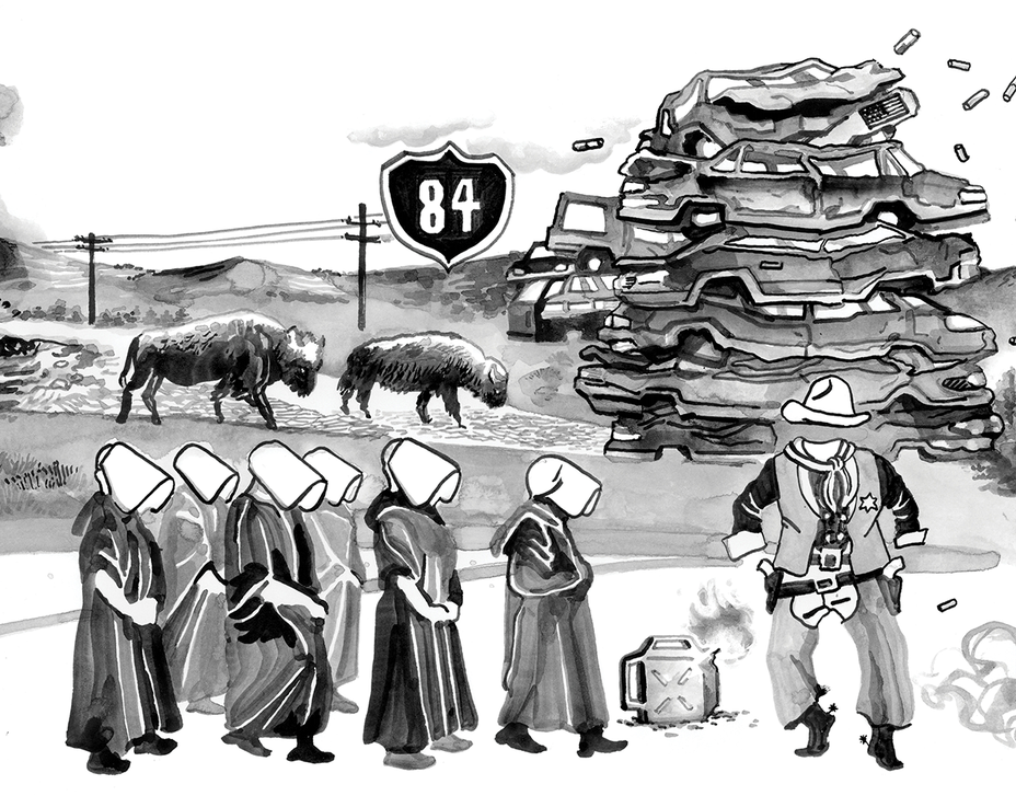 black-and-white pen-and-ink drawing: desert, bison, telephone poles, I-84 sign, stack of crushed cars, 6 handmaids in bonnets, wild west sheriff