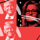 A photo collage of two light-hued photos of Donald Trump behind dark-hued photos of Adam Kinzinger and Liz Cheney.